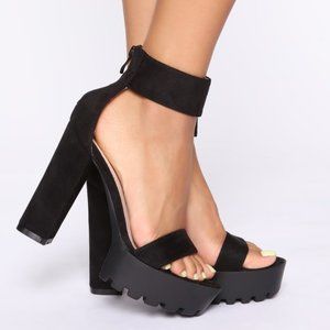 Platform Heeled Sandals - Black Suede